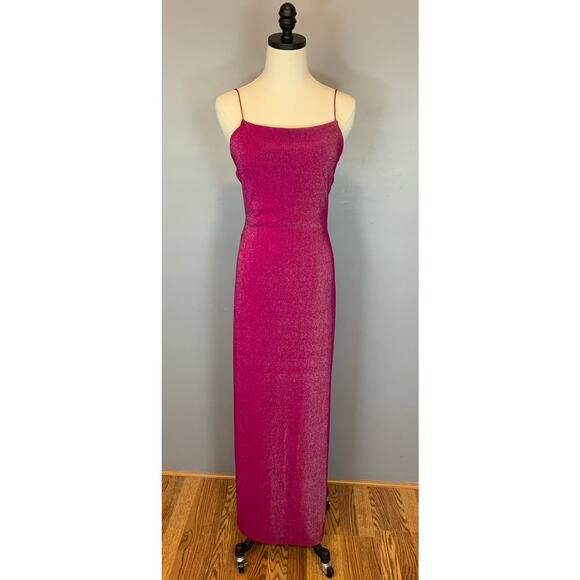 Vtg 90s Y2K City Triangles Open Back Strappy Hot Pink Metallic Bodycon Dress Med - Picture 3 of 17